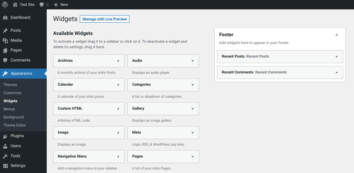 Der Widget-Bildschirm des WordPress Twenty Twenty-One-Themes.