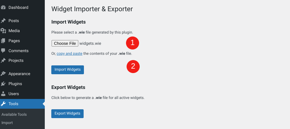 Die Option zum Importieren der Widgets-Datei in WordPress.