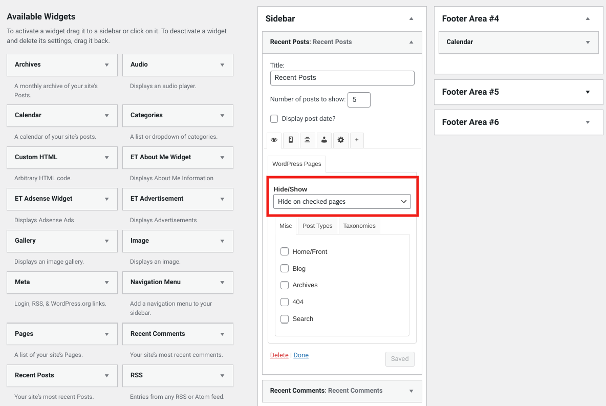 Die Option zum Ausblenden von Widgets auf WordPress-Seiten mithilfe des Plugins Widgets Options.