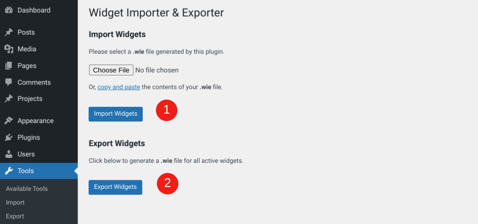 Der Einstellungsbildschirm für Widget-Importer und -Exporter.