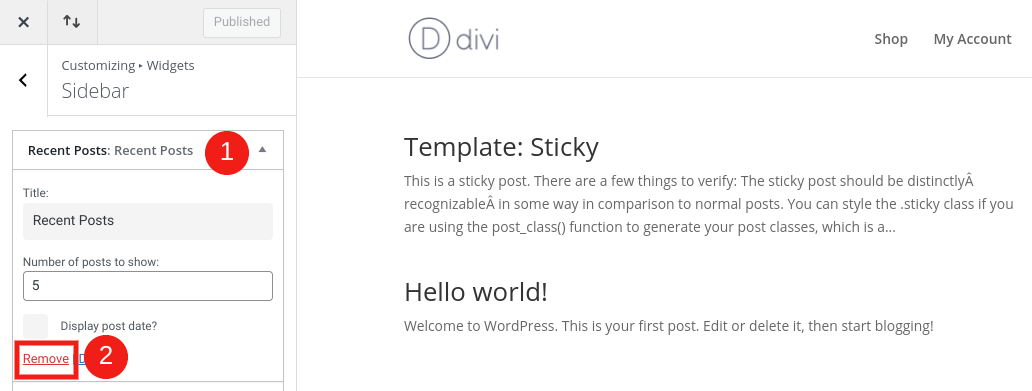 Die Option zum Entfernen eines Widgets im WordPress Theme Customizer.