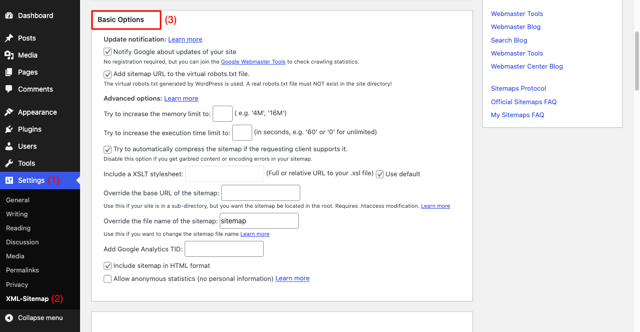 So erstellen Sie eine Sitemap und übermitteln sie an Google und andere Suchmaschinen 11 Complete the basic settings of XML Sitemap Plugin