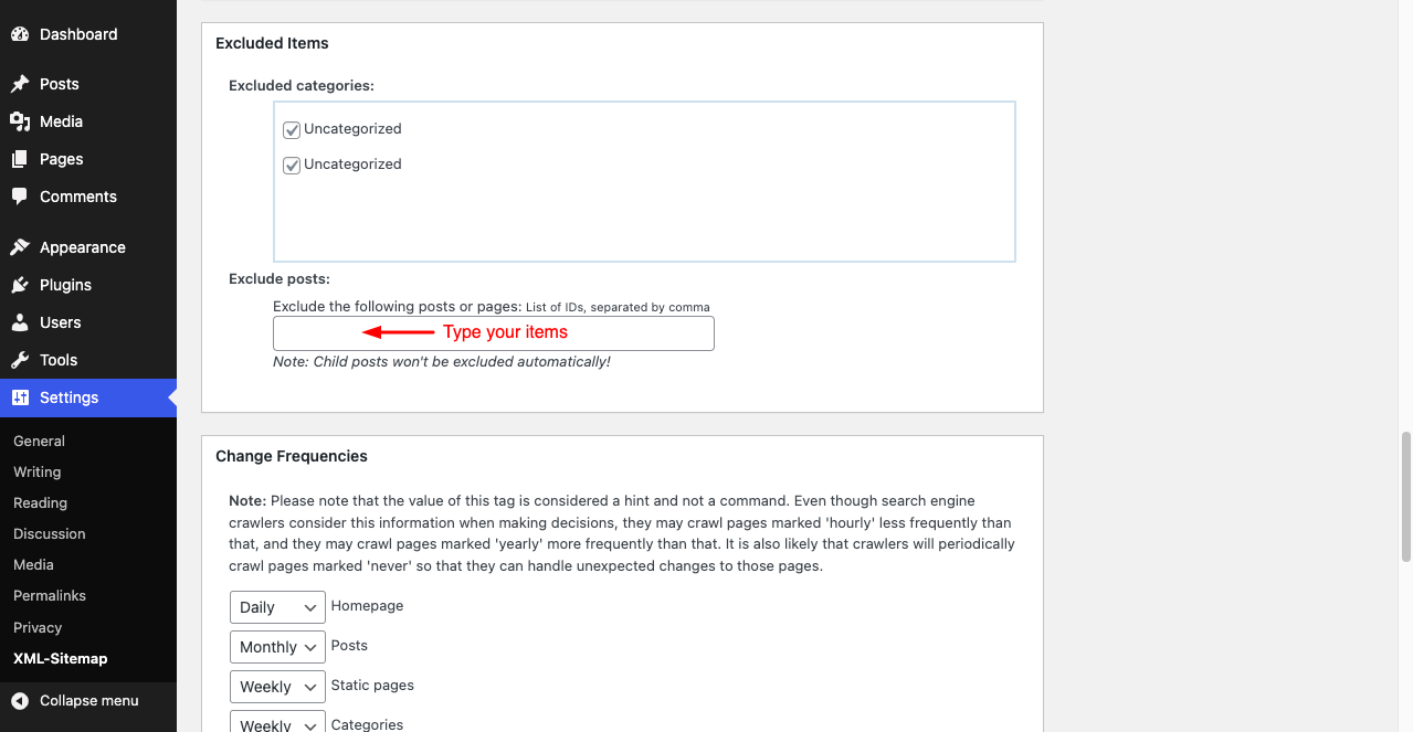 Exclude post and page categories from XML sitemap