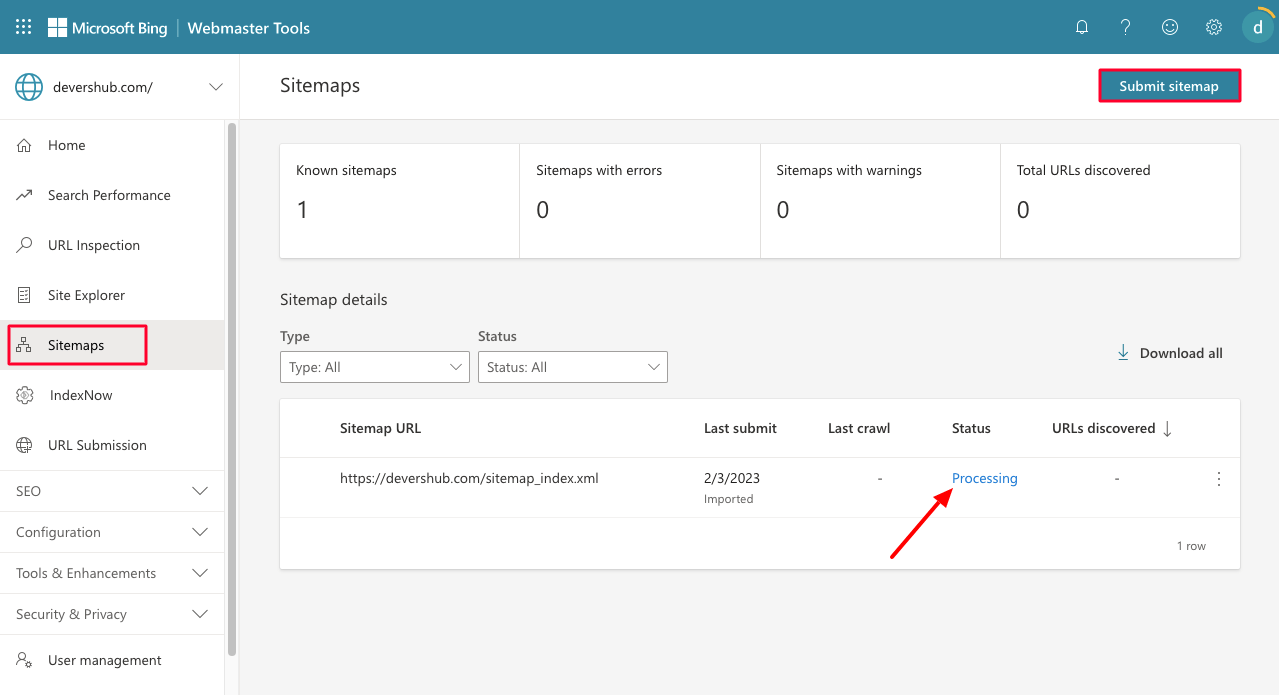 So erstellen Sie eine Sitemap und übermitteln sie an Google und andere Suchmaschinen 23 Sitemap imported to Bing Webmaster Tool from Google Search Console
