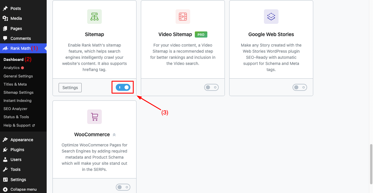 So erstellen Sie eine Sitemap und übermitteln sie an Google und andere Suchmaschinen 5 Toggle On the Sitemap on Rank Math SEO