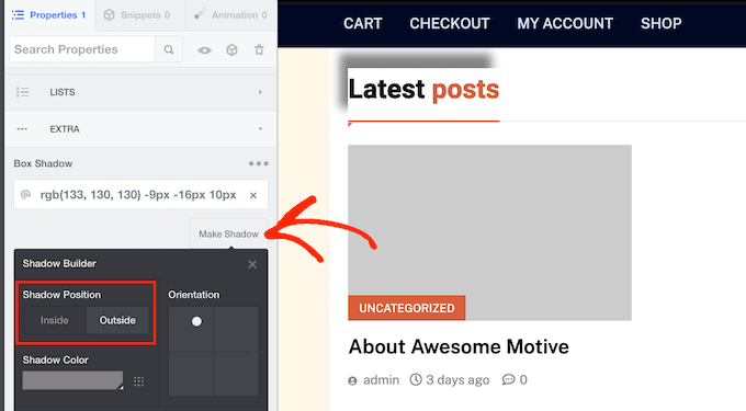 การเปลี่ยนตำแหน่งของกล่องเงาโดยใช้ CSS Hero Changing the position of a shadow box using CSS Hero