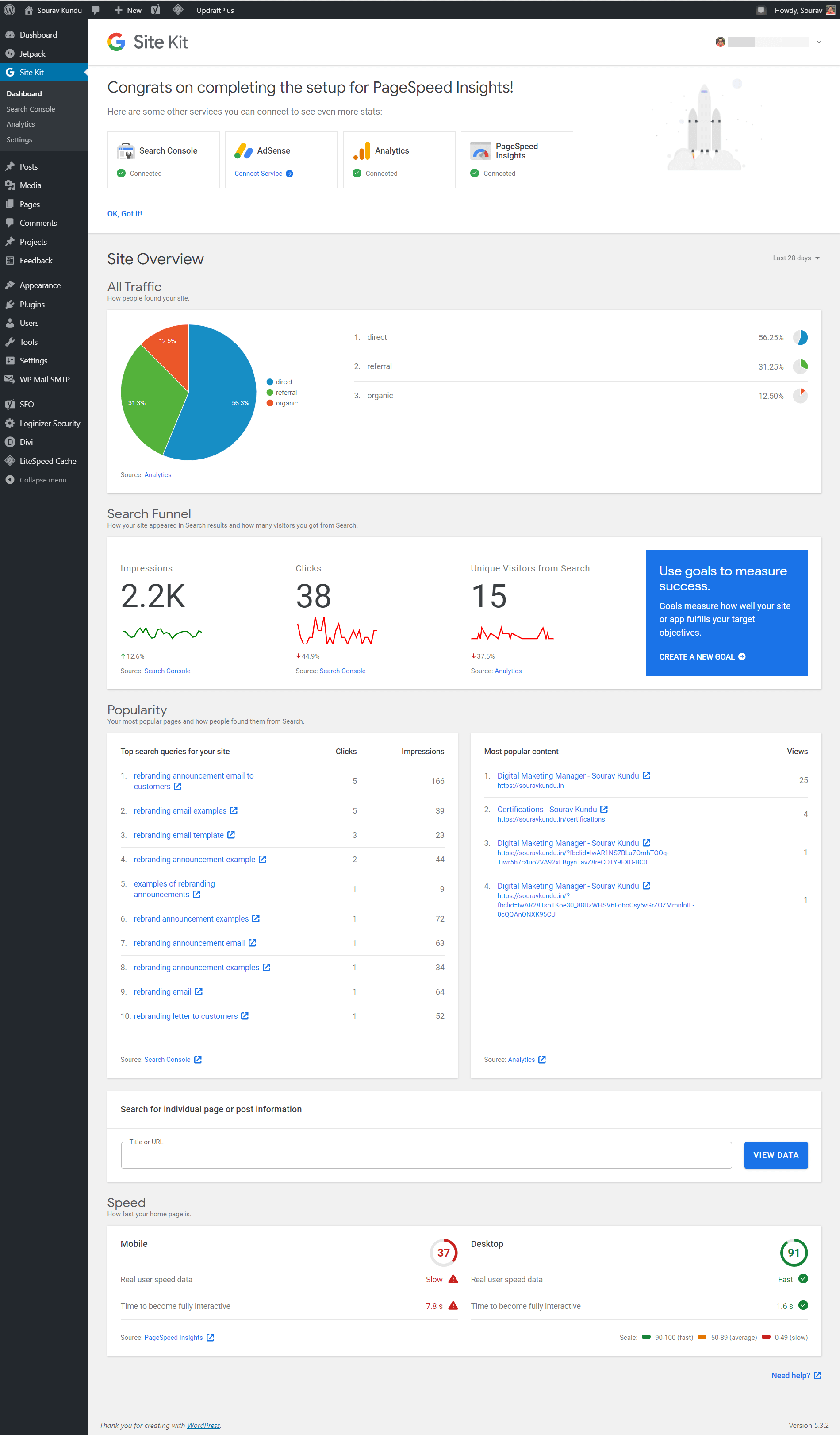 captură de ecran a tabloului de bord implicit al kit-ului de site Google