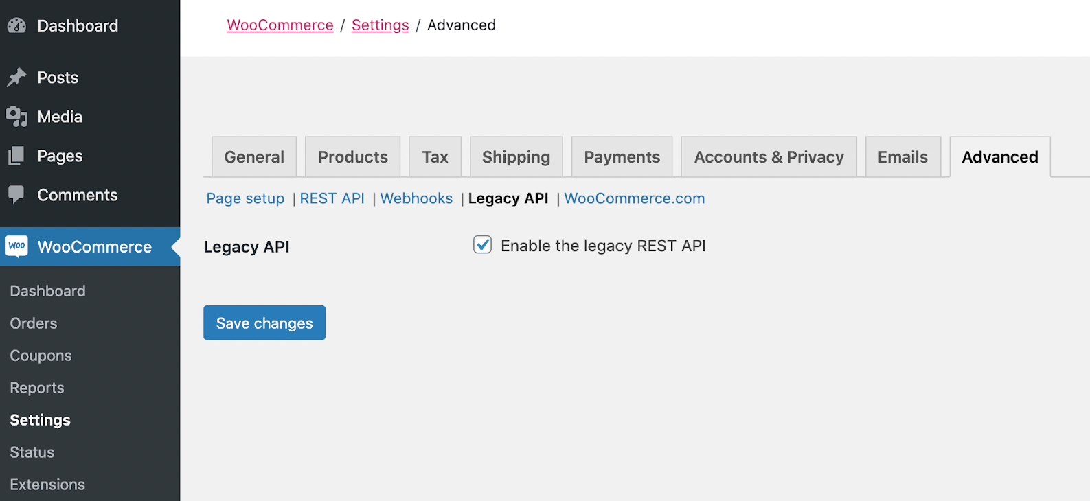 Aktivieren Sie die Legacy-REST-API in den WooCommerce-Einstellungen