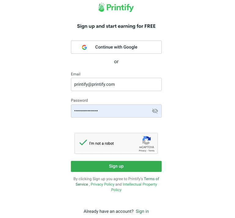 Melden Sie sich für ein kostenloses Printify-Konto an