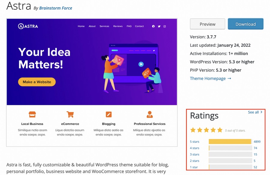 Astra 무료 WooCommerce 테마 등급