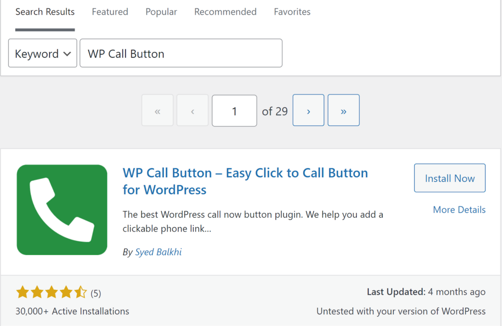 WP Call Button 플러그인은 WordPress 라이브러리에 표시됩니다.