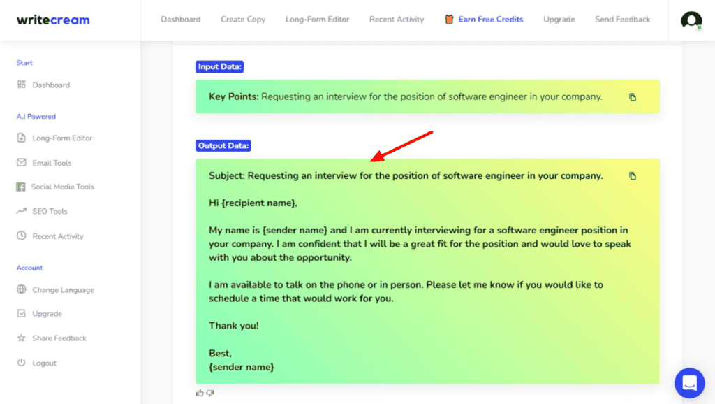 Copia dell'e-mail di Writecream
