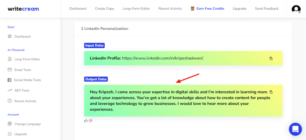 Writecream LinkedIn Personalizzazione