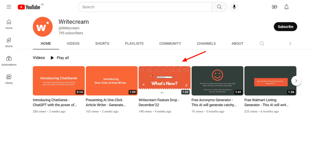 Canale YouTube di Writecream