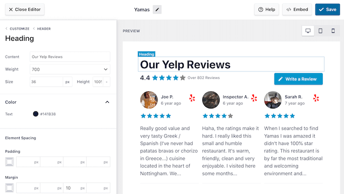 Yelp, Facebook 또는 Google 리뷰 피드에 사용자 지정 헤더 추가 Adding a custom header to a Yelp, Facebook or Google review feed