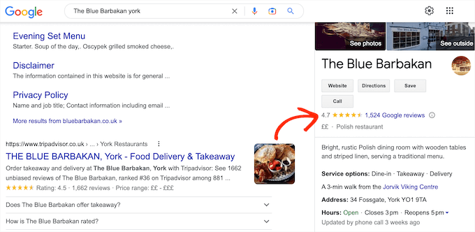 Google 검색 엔진 결과의 Google 리뷰 Google Reviews, in the Google search engine results