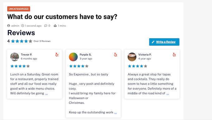 WordPress 웹사이트에 표시되는 고객 리뷰 Customer reviews, displayed on a WordPress website