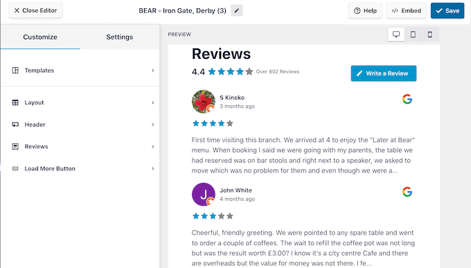 Smash Balloon을 사용하여 만든 Google 리뷰 피드 A Google review feed, created using Smash Balloon