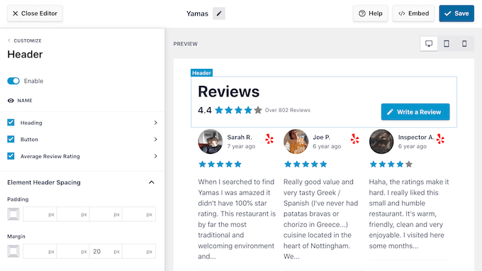 리뷰 피드 헤더 맞춤설정 Customizing the review feed header