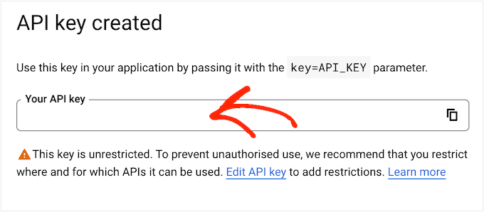 Cloud Console에서 생성된 Google API 키의 예 An example of a Google API key, created in the Cloud Console