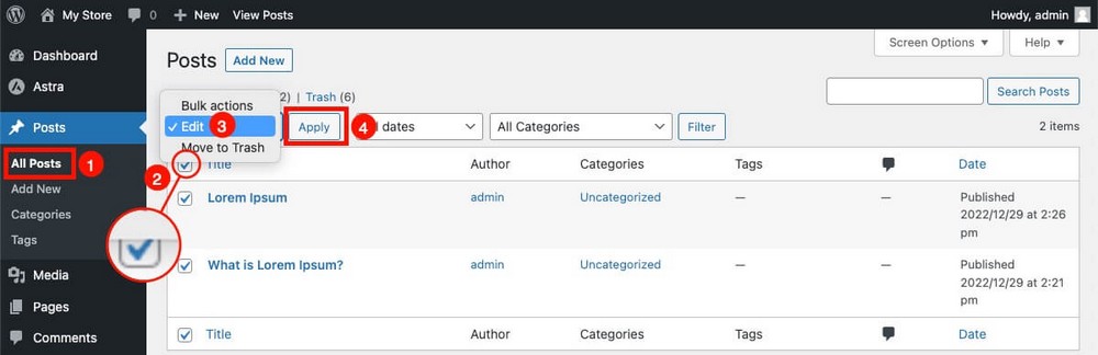 Comment éditer en bloc des articles dans WordPress