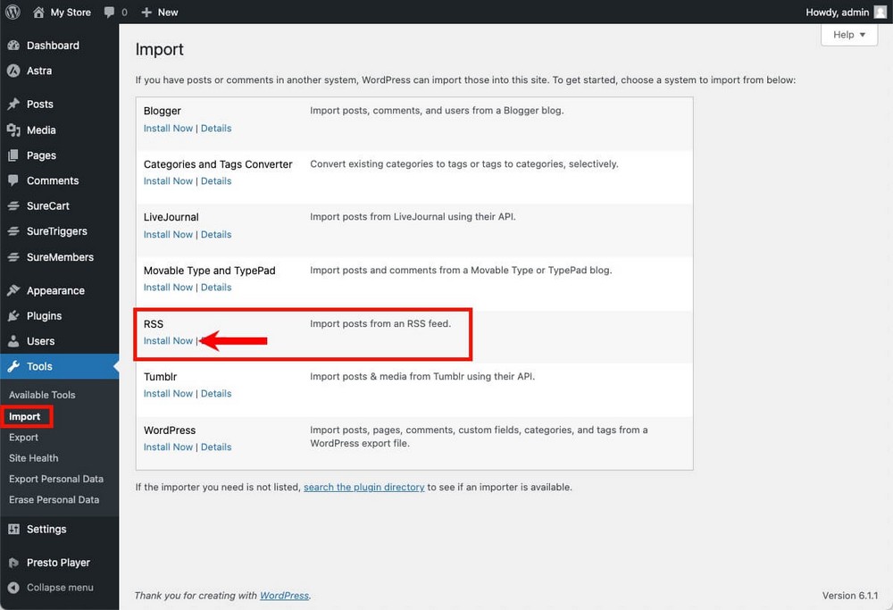 Installer l'importateur RSS dans WordPress