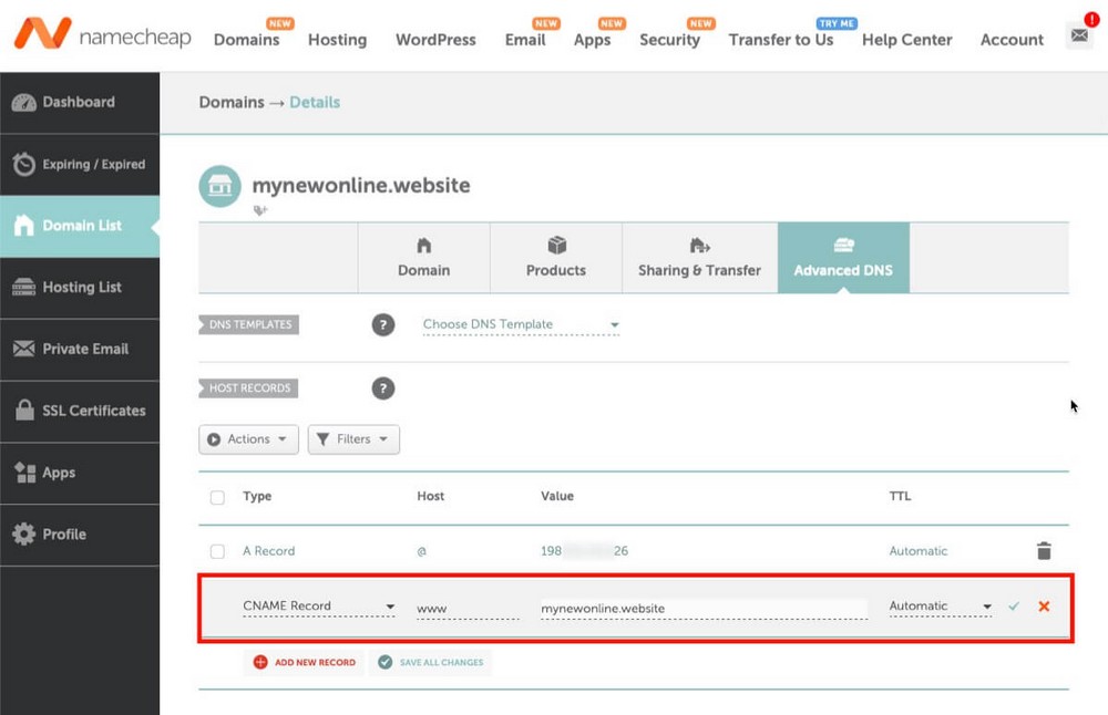 Comment ajouter un enregistrement CNAME dans Namecheap