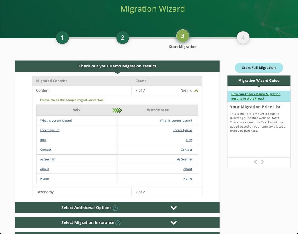 Résultats de la migration CMS2CMS Wix vers WordPress