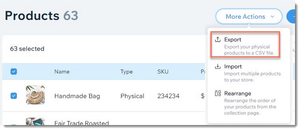 Exporter les produits Wix eCommerce au format CSV
