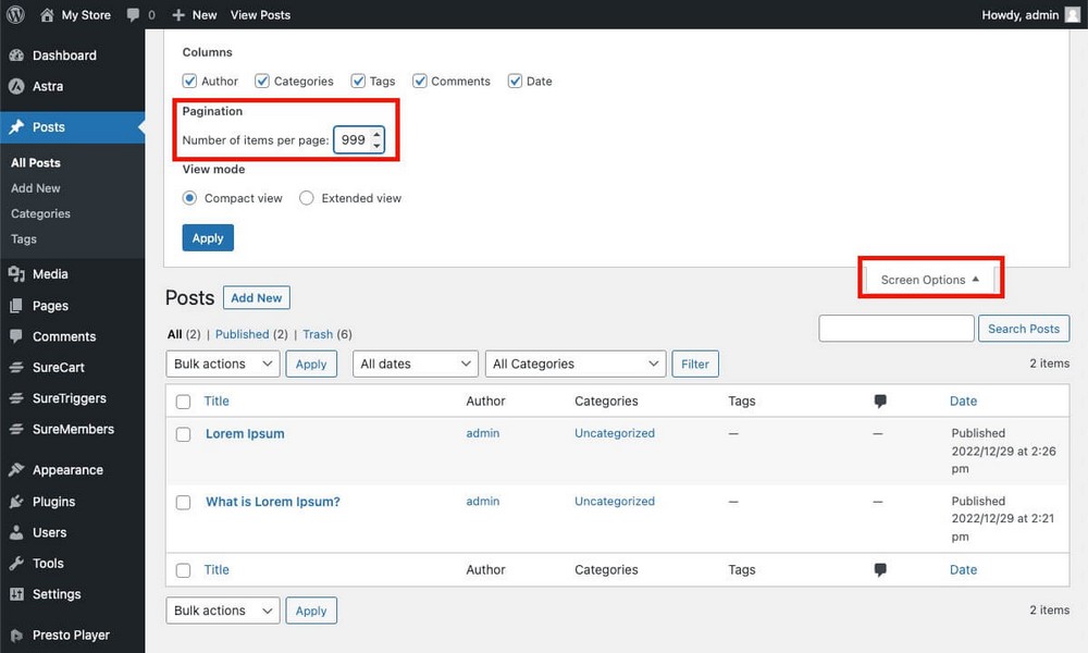 Augmenter le nombre d'éléments par page