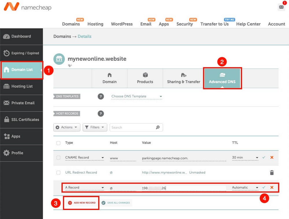 Comment ajouter un enregistrement A dans Namecheap