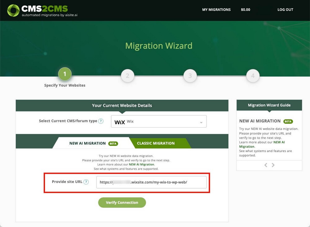 CMS2CMS spécifie le site Web de Wix