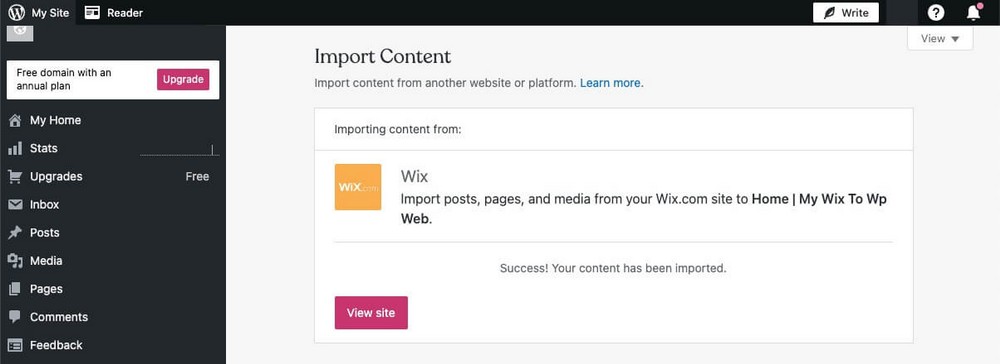 Site Web Wix importé avec succès dans WordPress