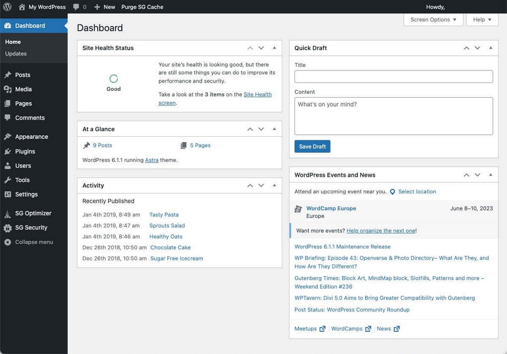 Panneau d'administration d'une installation Fresh WordPress