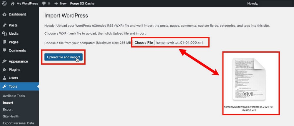 Importer le fichier xml WordPress