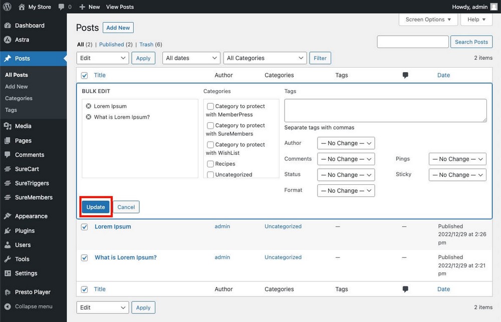 Mise à jour en masse des articles dans WordPress