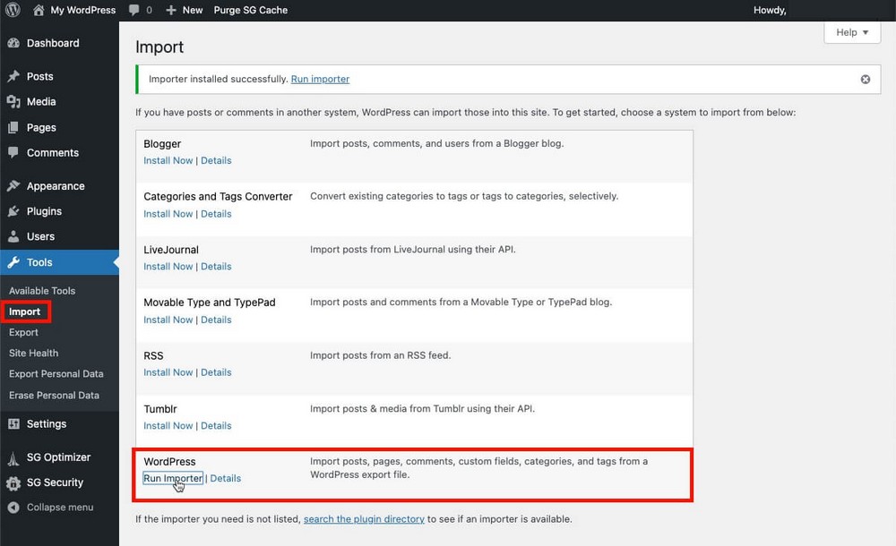 Exécutez l'importateur WordPress