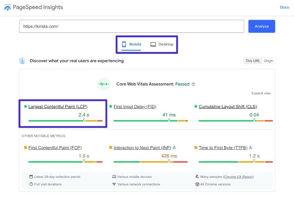 Temps LCP dans PageSpeed Insights.