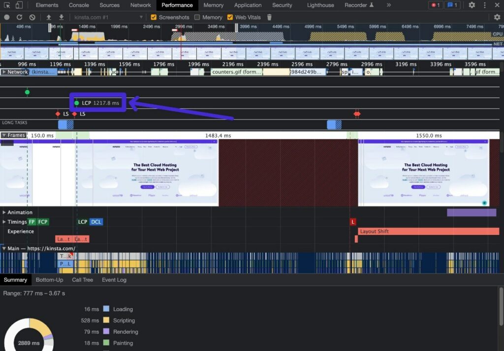 Comment voir l'heure LCP dans Chrome Dev Tools.