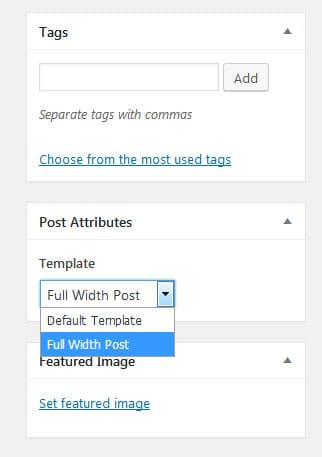 modelo personalizado de postagem de largura total selecionado no wordpress