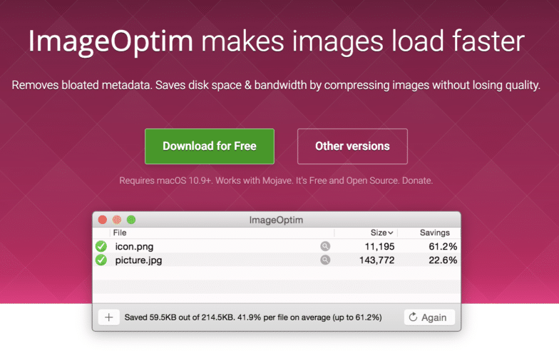 Une capture d'écran d'ImageOptim, un outil de compression d'images