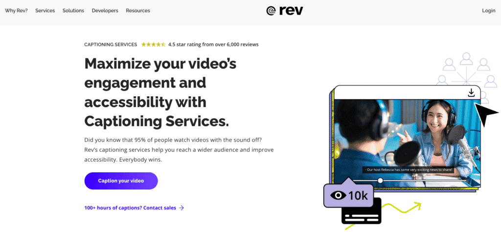 ภาพหน้าจอ Rev.com ของหน้า Landing Page ของบริการคำบรรยาย