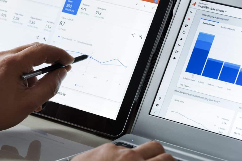 eine Person untersucht Leistungskennzahlen mit Google Analytics