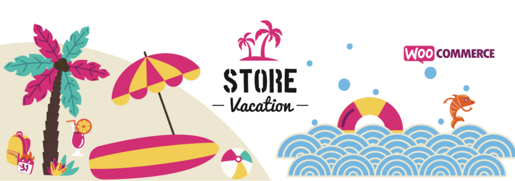 Heldenbild von der Woo Store Vacation Download-Seite. Das Bild zeigt Cartoon-Palmen, ein Surfbrett, einen Strandball, einen Regenschirm, ein tropisches Getränk und einen Rucksack an einem Strand neben dem Ozean, in dem eine kleine Garnele schwimmt