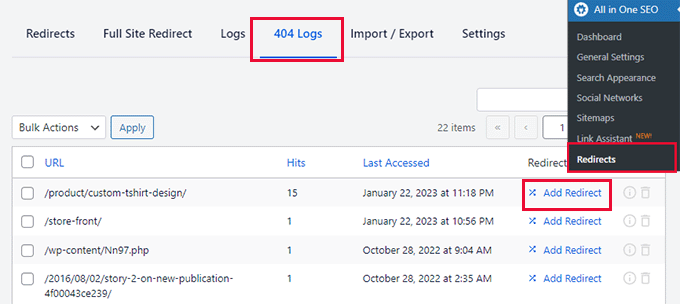 AIOSEO'da 404 hata günlüğü 404 error logs in AIOSEO