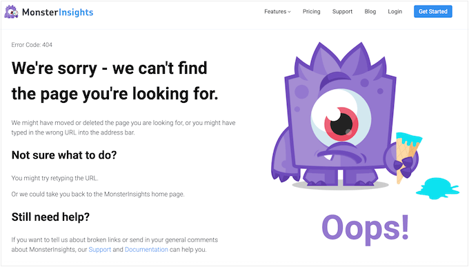 MonsterInsights özel 404 hata tasarımı The MonsterInsights custom 404 error design