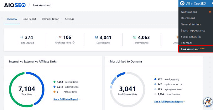 AIOSEO Link yardımcı panosu AIOSEO Link assistant dashboard