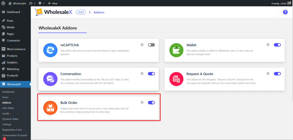 WholesaleX 3 の WooCommerce 卸売注文フォームの使用方法 Activating WholesaleX Bulk Order Addon
