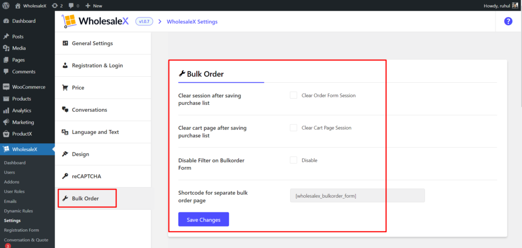 WholesaleX 9 の WooCommerce 卸売注文フォームの使用方法 WholesaleX Bulk Order Settings