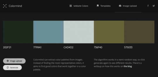ブルー、ブラウン、グリーンを含むサンプル パレットが私の Colormind を作成しました